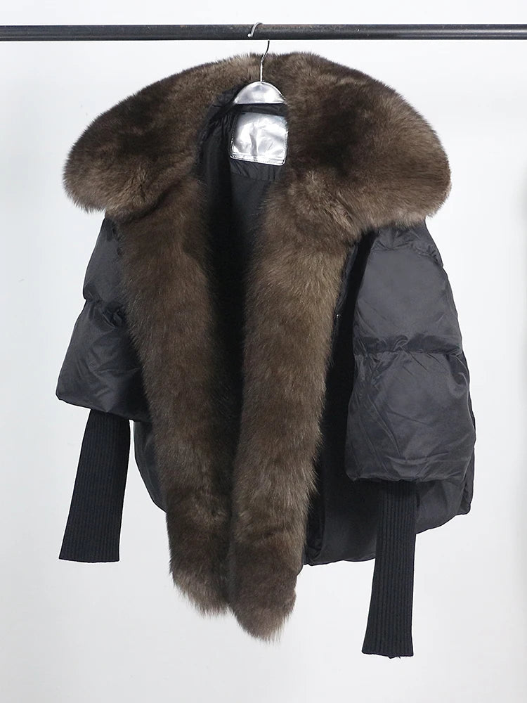 OFTUBY 2023 White Duck Down Jacket Winter Women Warm Loose Coat Natural Real Fox Fur Collar Thick Luxury Outerwear New Fashion