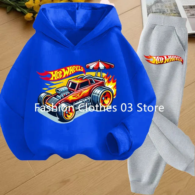 Fashion Sweatshirt Casual Sportswear Kids Clothing Hot Wheels Car Game Printed Hoodie Coat 3-12 Yrs Boys Girls Toddler Top+pants