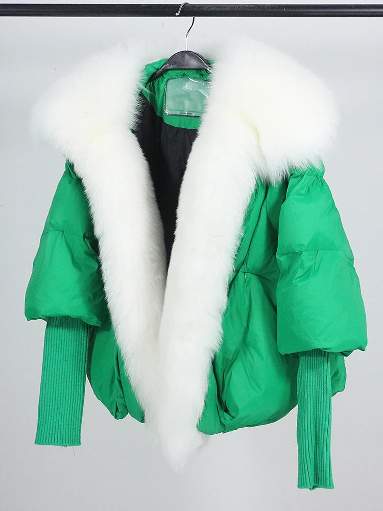 OFTUBY 2023 White Duck Down Jacket Winter Women Warm Loose Coat Natural Real Fox Fur Collar Thick Luxury Outerwear New Fashion