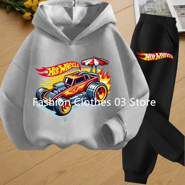 Fashion Sweatshirt Casual Sportswear Kids Clothing Hot Wheels Car Game Printed Hoodie Coat 3-12 Yrs Boys Girls Toddler Top+pants
