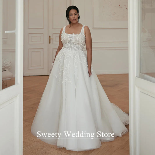Wedding Dress Plus Size for Woman Bride Customized Sleeveless Square Neck Beading Lace Tulle Backless Sweep Train Bridal Gown