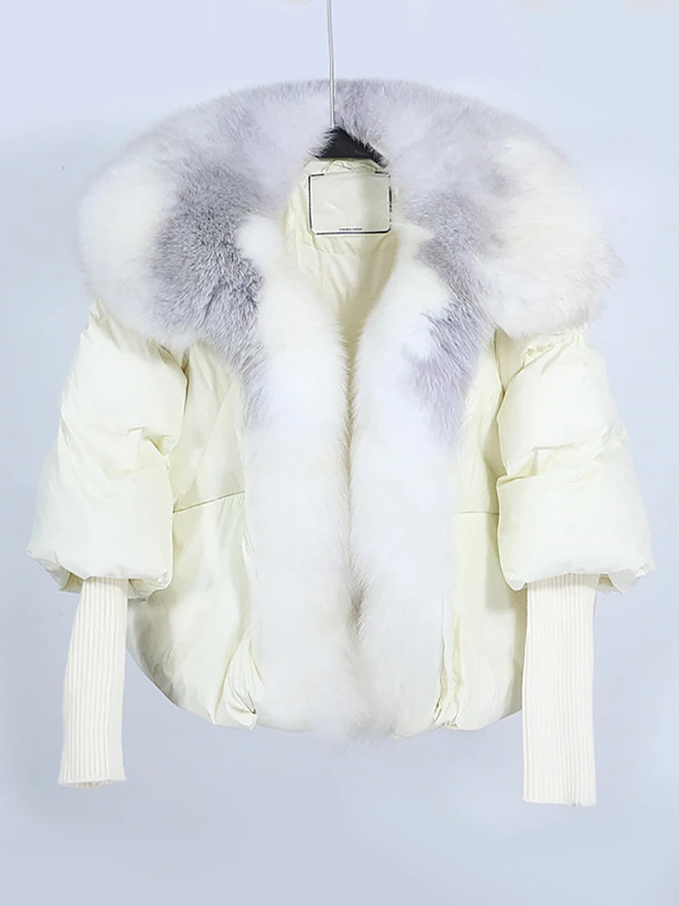 OFTUBY 2023 White Duck Down Jacket Winter Women Warm Loose Coat Natural Real Fox Fur Collar Thick Luxury Outerwear New Fashion