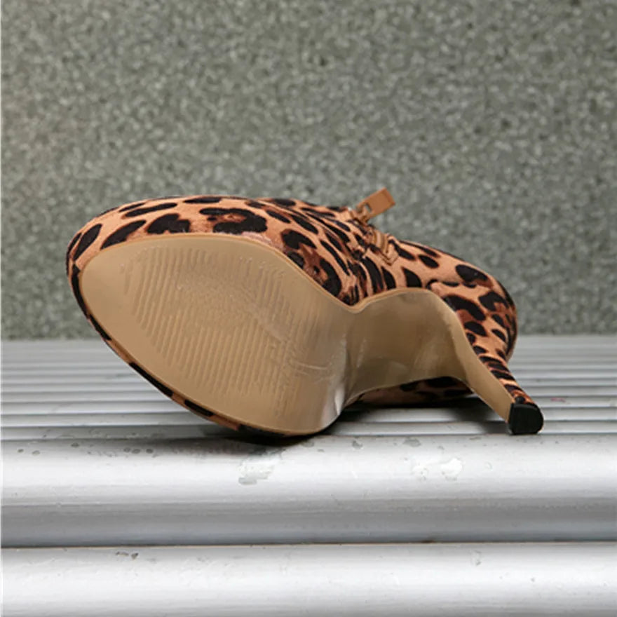 Plus Size 35-46 Sexy Leopard Pattern Women Ankle Boots Round Toe Zipper Super High Heels 2025 Autumn Female Platform Party Shoes