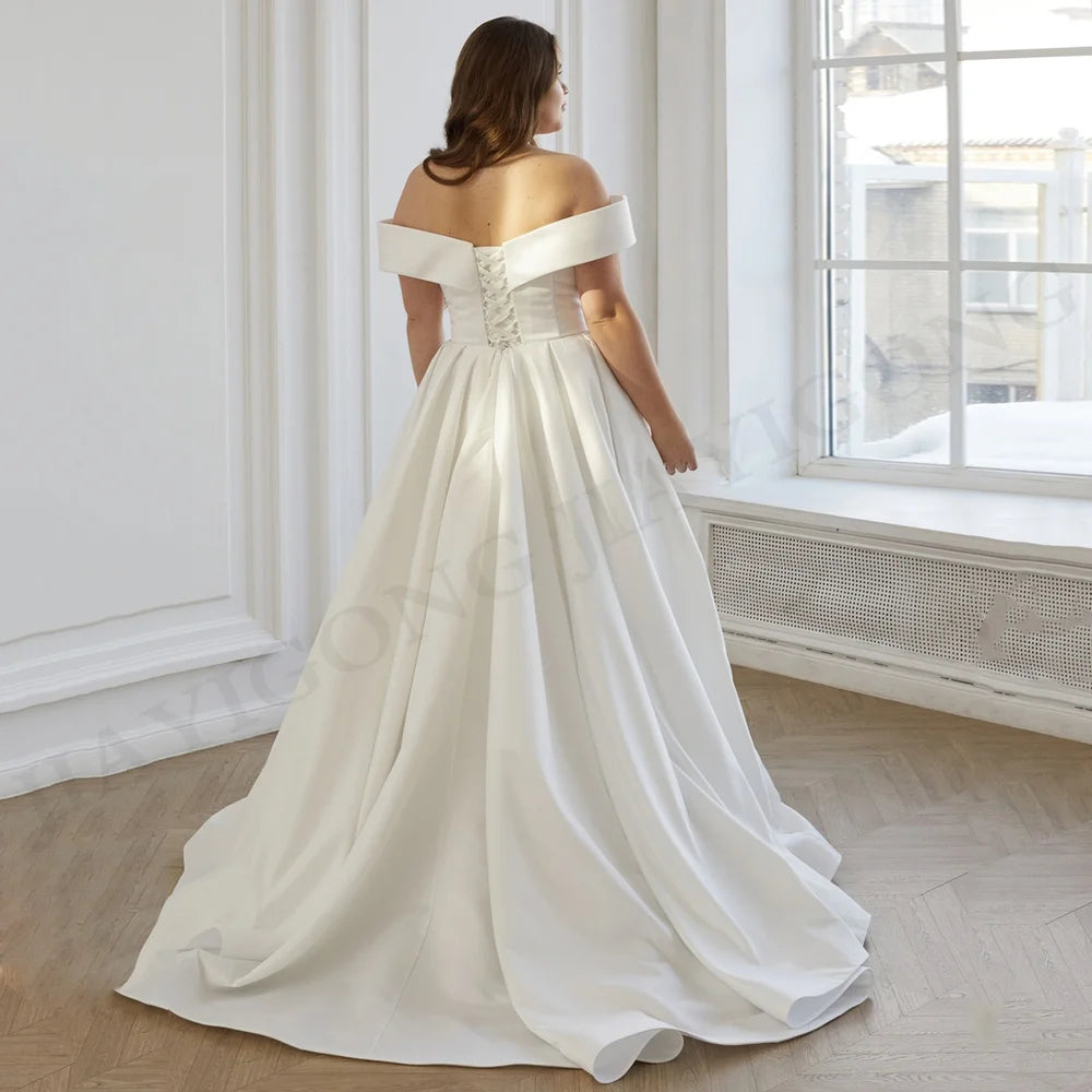 Plus Size Corset Wedding Dress Simple Off The Shoulder V Neck Draped A Line Vestido De Noiva Modern Satin Bride Bridal Gown