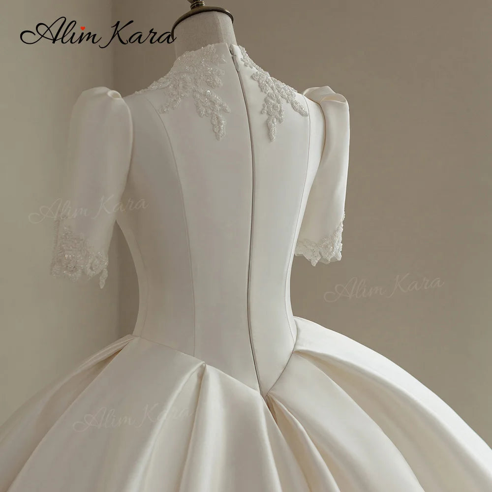 Alim Kara V-neck Ball Gown Wedding Dress 2026 Classic Beaded Satin customized Bridal Beach Princess B346 Party Vestido De Novia