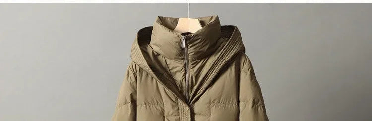 2024 New Winter Women White Duck Down Long Jacket With Belt Female Thick Warm Coat Luxury Slim Parka Hooded Outerwear