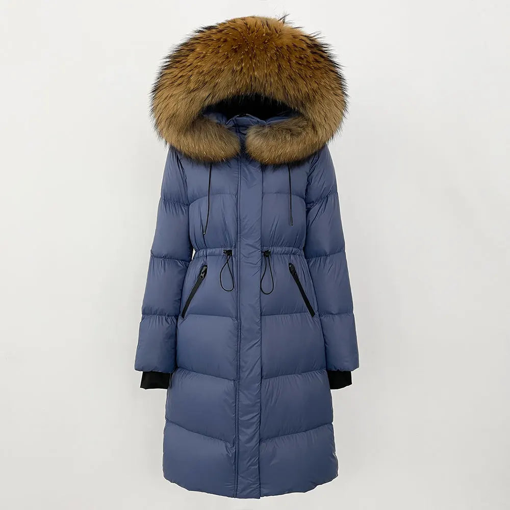 2024 Winter New  Casual Fashion Slim Warm Jacket Female White Duck Down Real Fox Fur Real Raccoon Fur Long Hooded Coat Women