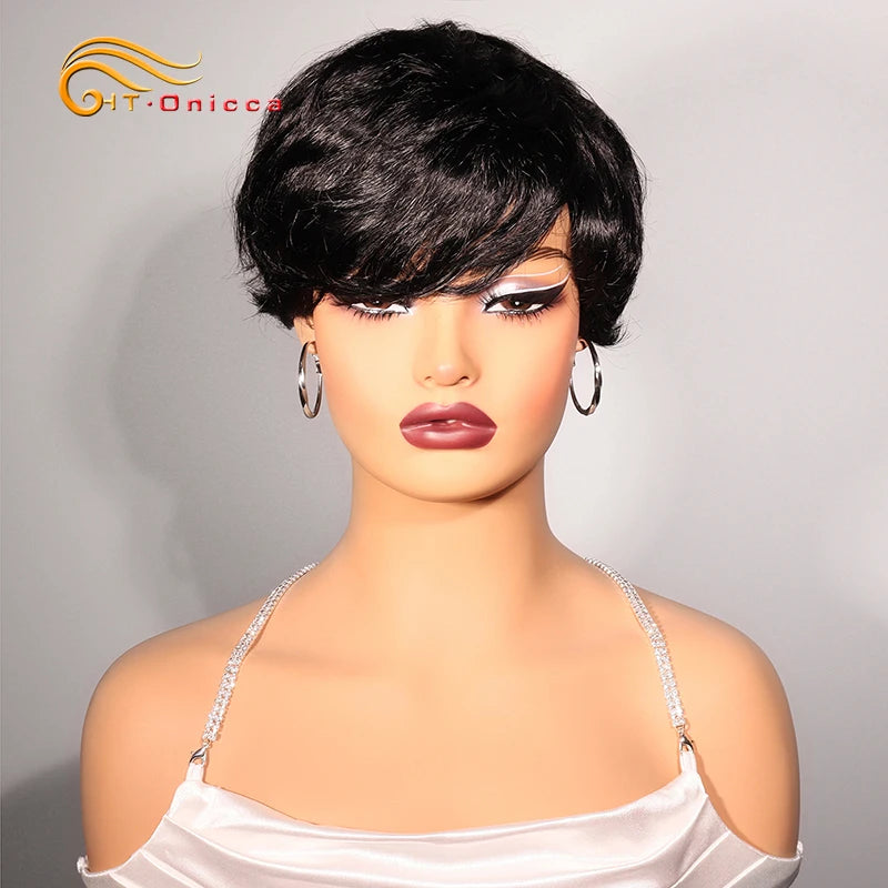 Grey Human Hair Wigs Short Pixie Cut Wig Human Hair For Black Women Machine Made Wigs With Bangs Colored Short Bob Wigs