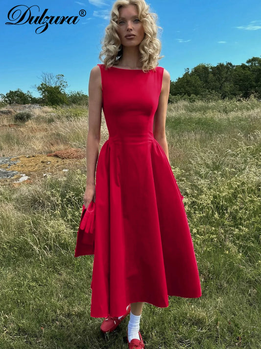 Dulzura O-Neck Sleeveless Zipper A-Line Midi Dress Solid Sexy Elegant Casual Outfit Party Club Streetwear Autumn Winter