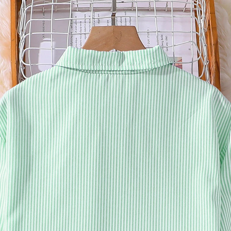 Spring Hot Sale Kids Outfit 4-12 Years Girls Striped Long Sleeve Chemise + Casual Loose Straight Leg Pants Shirt Suit 2Pcs Set