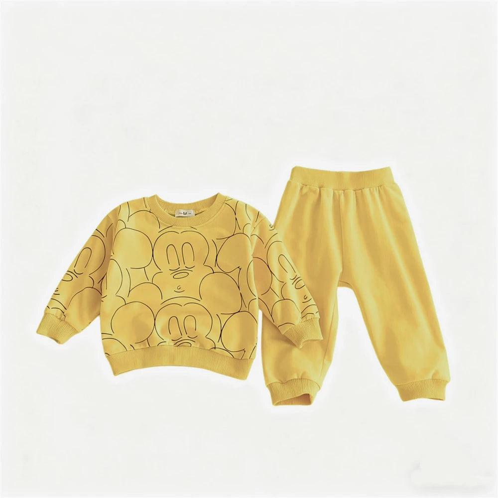 0-3Age Child Clothing Full Print Sweatshirts Solid Color Pants New Cartoon Hoodie All-match Pants Outer Wear Kids Two Piece Set