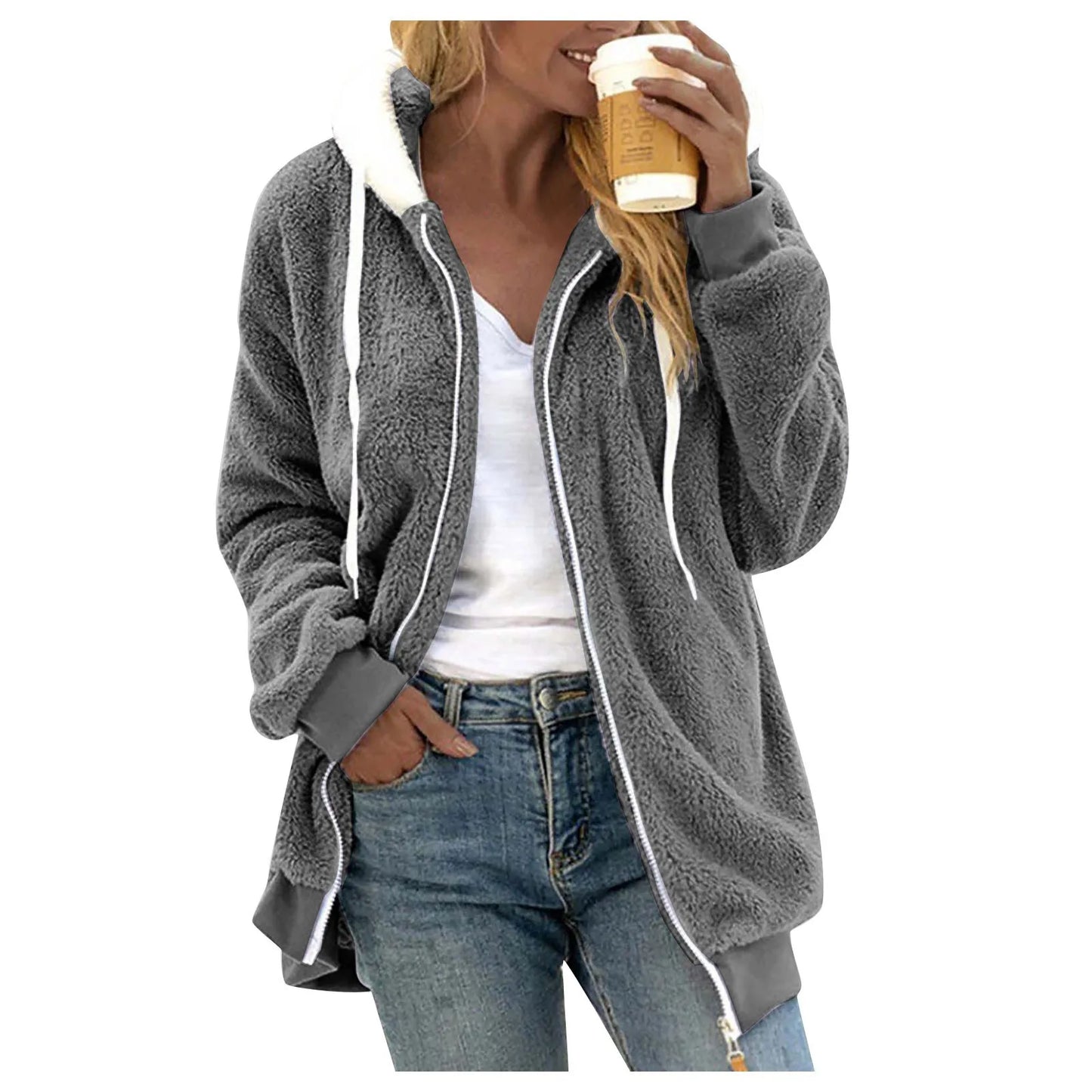 Winter Fashion Women's Coat New Casual Hooded Zipper Ladies Clothes Cashmere Women Fleece Jacket Solid Color Ladies Coats
