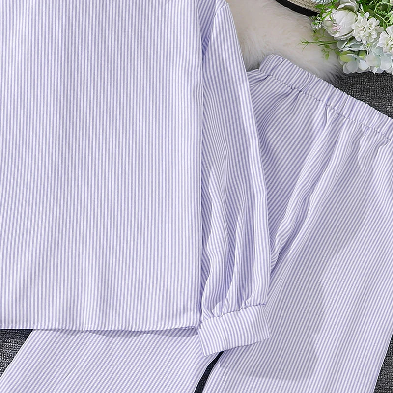 Spring Hot Sale Kids Outfit 4-12 Years Girls Striped Long Sleeve Chemise + Casual Loose Straight Leg Pants Shirt Suit 2Pcs Set