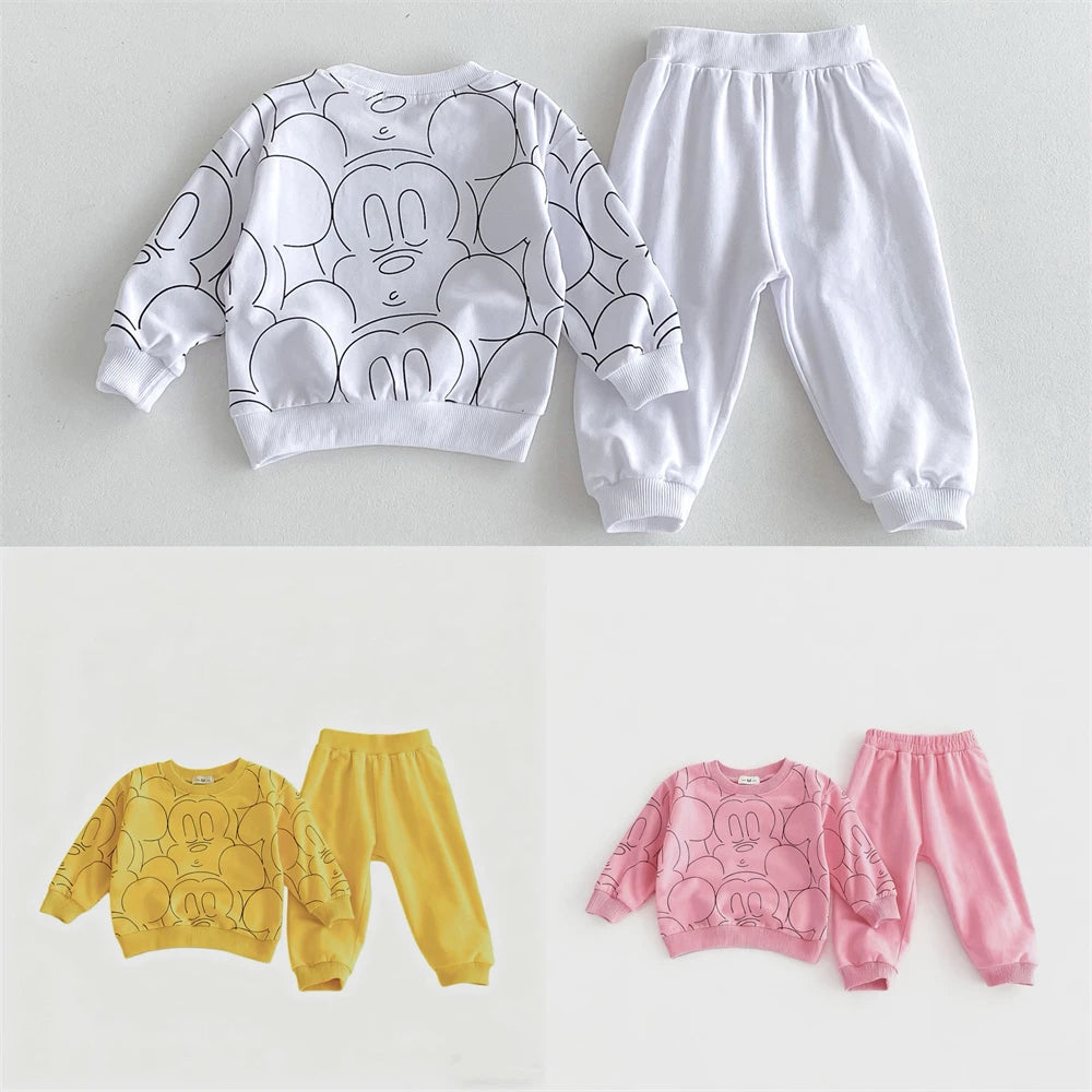 0-3Age Child Clothing Full Print Sweatshirts Solid Color Pants New Cartoon Hoodie All-match Pants Outer Wear Kids Two Piece Set