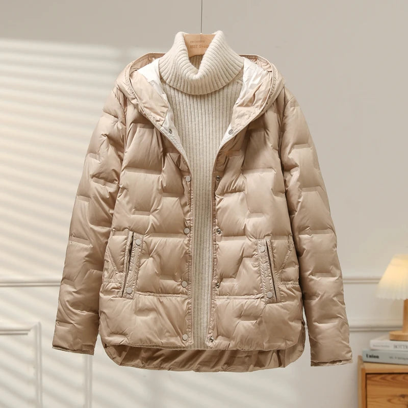 Lagabogy 2025 Autumn Winter Women White Duck Down Coat Casual Single Breasted Hooded Jacket Female Light Puffer Parka Outwear