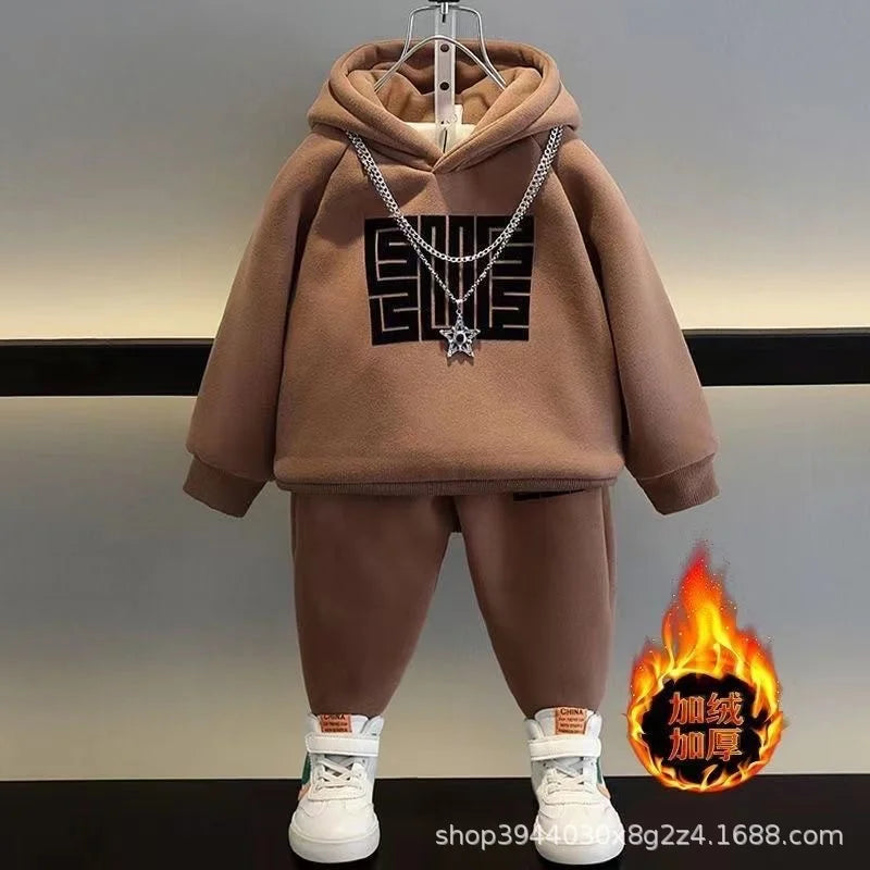 Winter Boys Padded Sets Children's Thicken Suit Autumn Fleece Hooded Sweatshirt Sweatpants 2 Pieces Kids New Warm Outfit