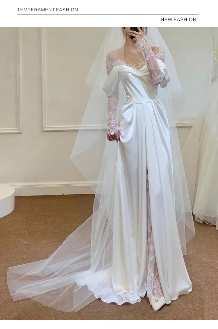 Satin Wedding Dresses With Small Train Vintage Lace Bride Dress A-line Full Sleeve Boho Wedding Gowns Vestido  Noiva Customized