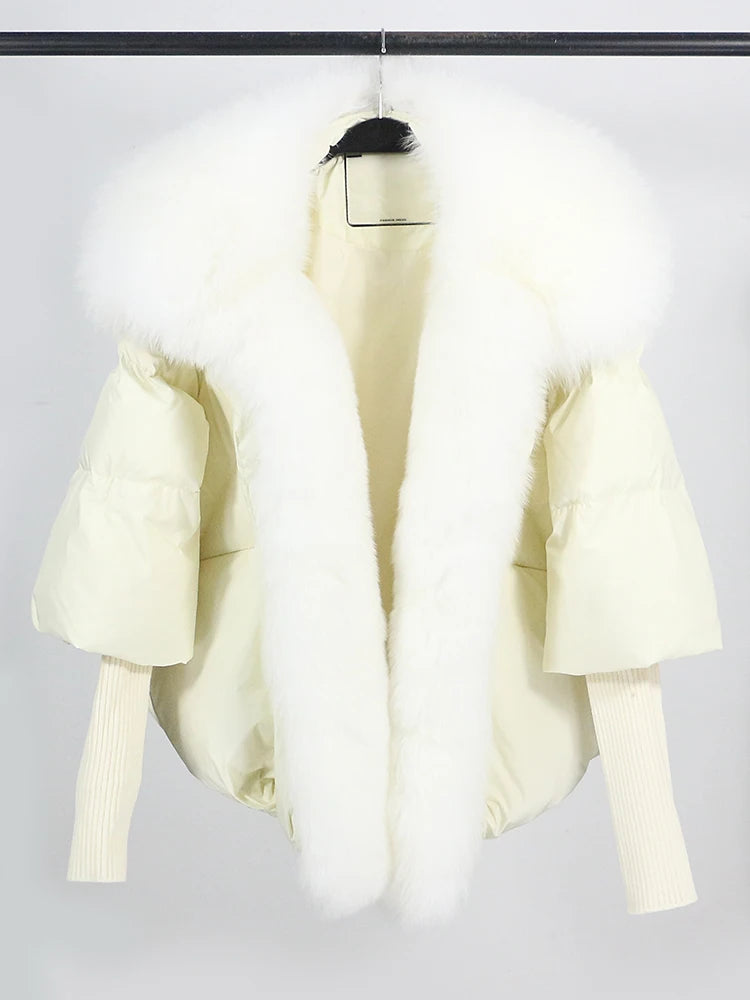 OFTUBY 2023 White Duck Down Jacket Winter Women Warm Loose Coat Natural Real Fox Fur Collar Thick Luxury Outerwear New Fashion