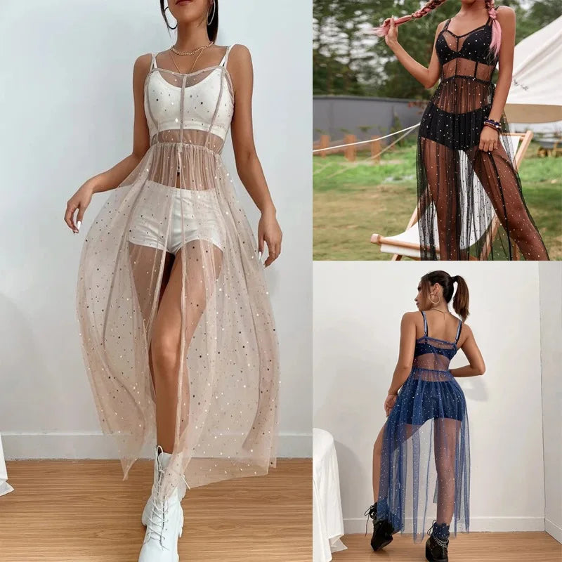 Festival Rave Outfits Women Dress Boho Mesh Cover Up Clothing Beach Robe Long Femme Vestido Mujer Maxi Sexy Party Summer Dresses