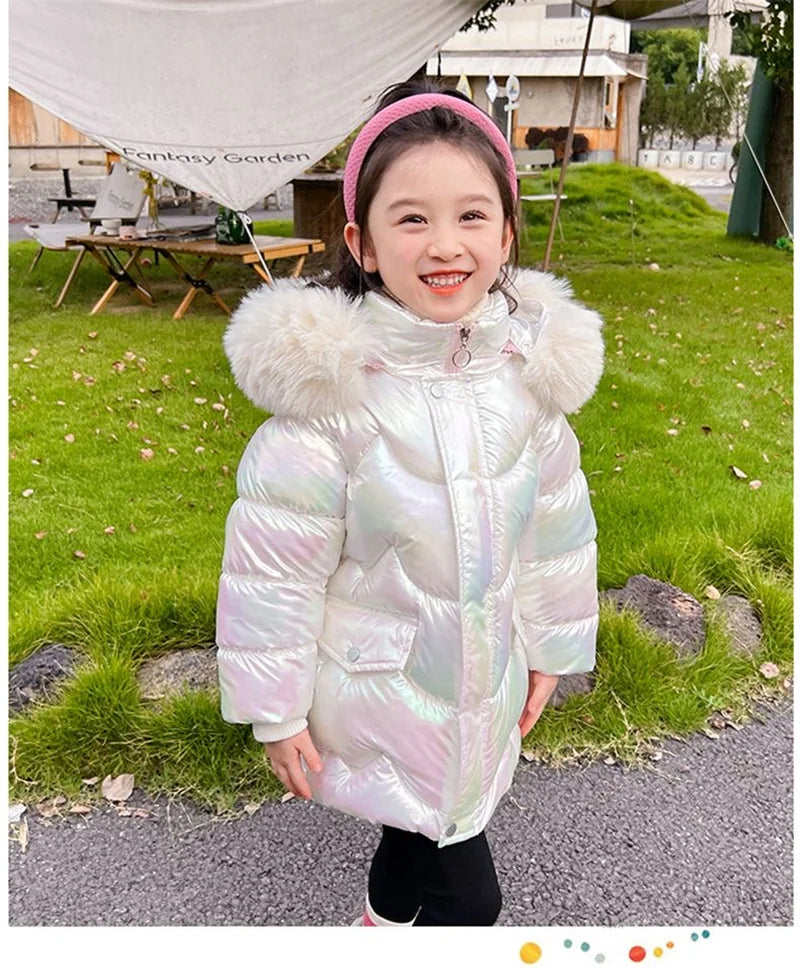 New Winter Coats Girls Warm Long Down Jackets Kids Fashion Unicorn Shiny Waterproof Parka Children Fur Collar Hooded Outerwear