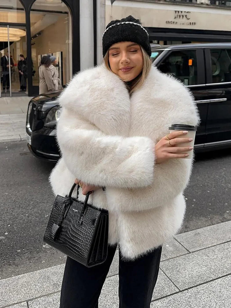 HH 2025 Winter Coats For Women Fashion New Faux Fur Long Sleeves Loose Coat Female Versatile High Street Women's Cardigan