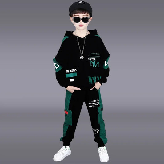 2025 spring autumn children Boy Clothes Teenager tracksuit letters Hooded Top Shirts Sweatshirt + Ankle-tie Pant 5 10 11 12 year