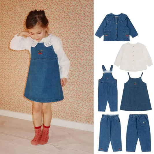 Spot 24 autumn/winter children's denim jacket pants set girls' denim overalls white shirt