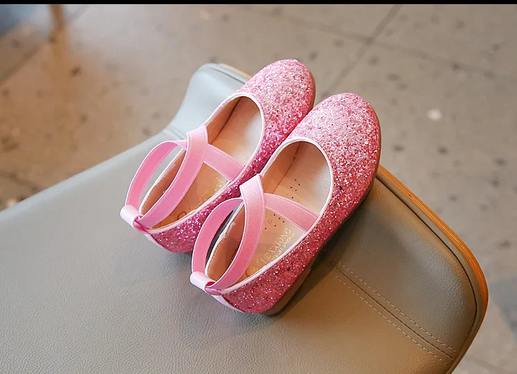 Princess Glitter Leather Girls Shoes Soft Comfortable Shiny Sequined Kids Shoes Sweet Wedding Dress Party Flats Mary Jane Shoes