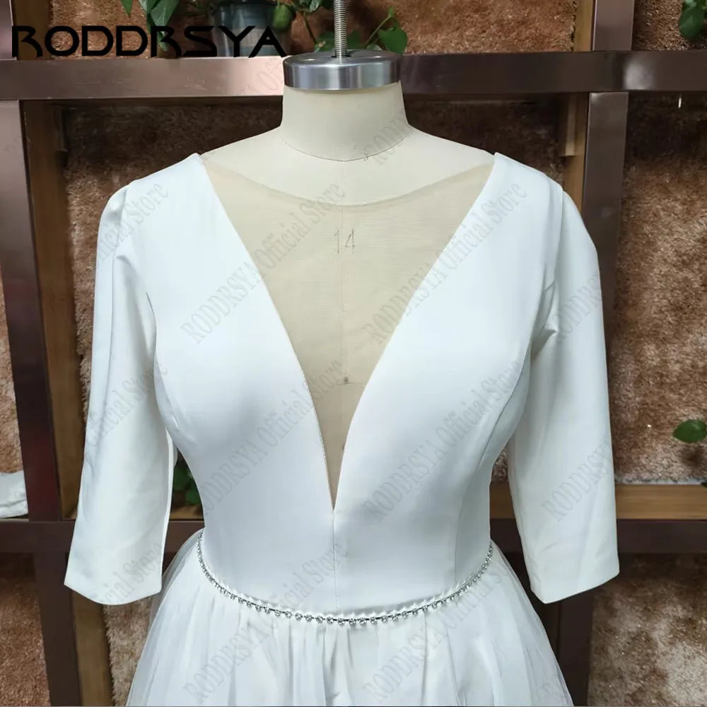 RODDRSYA Elegant Wedding Dresses For Bride Simple Ankle Length Bridal Gowns A-Line V-Neck 3/4 Sleeves Simple Short Robes Mariee