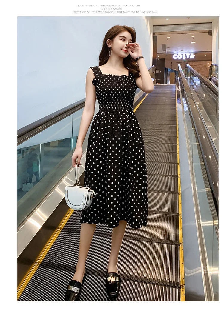 robe femme Summer Polka Dot Womens Dresses Elegant Square Neck Sleeveless Chiffon Long Dress Super Discount vestidos para mujer