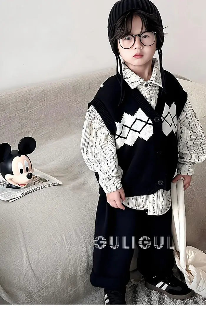 Kids Sets Vests Shirts Sweaters Long Pants New 2024 Autumn Fashion Korean Casual Simple Style Baggy Warm
