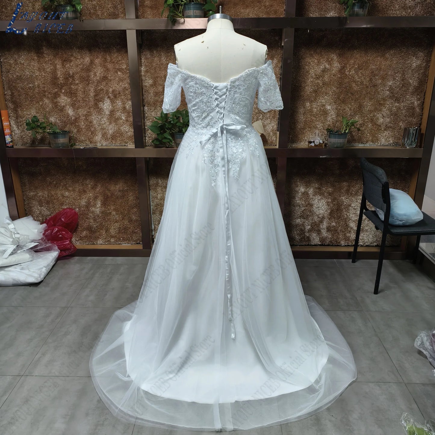 LAYOUT NICEB Elegant Boho Wedding Dresses For Woman Short Sleeves Off Shoulder Lace Applique Bride Gowns Boat Neck Plus Size