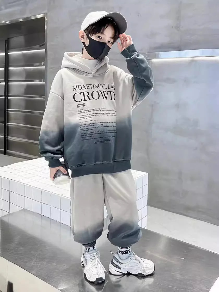 Teenage Boy Clothes Set Spring Letter Gradient Sweatshirt Pullover and Pants Suit Children's Boys Top and Bottom 2pcs Tracksuit