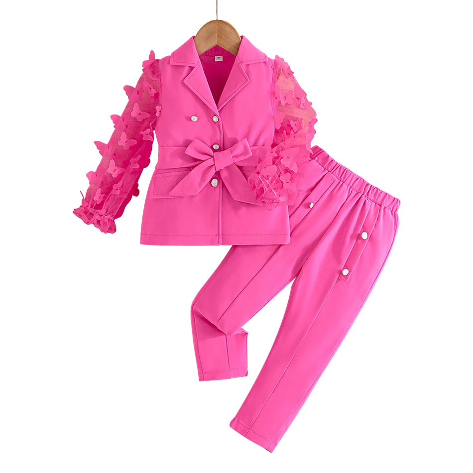 Children Clothing Stylish Girls Kids Autumn Winter Long Sleeve Bow-Tie Mesh-Sleeved Suit Pant Set Everyday Wear Children Sets