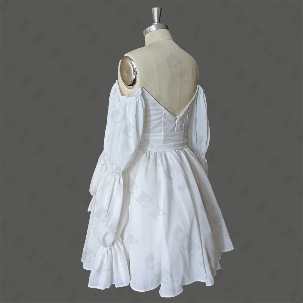 UETEEY Customized V Neck Off Shoulder Puff Sleeves Crepe A Line Mini Wedding Dress Pleats Zipper Back Above Knee Bridal Gown