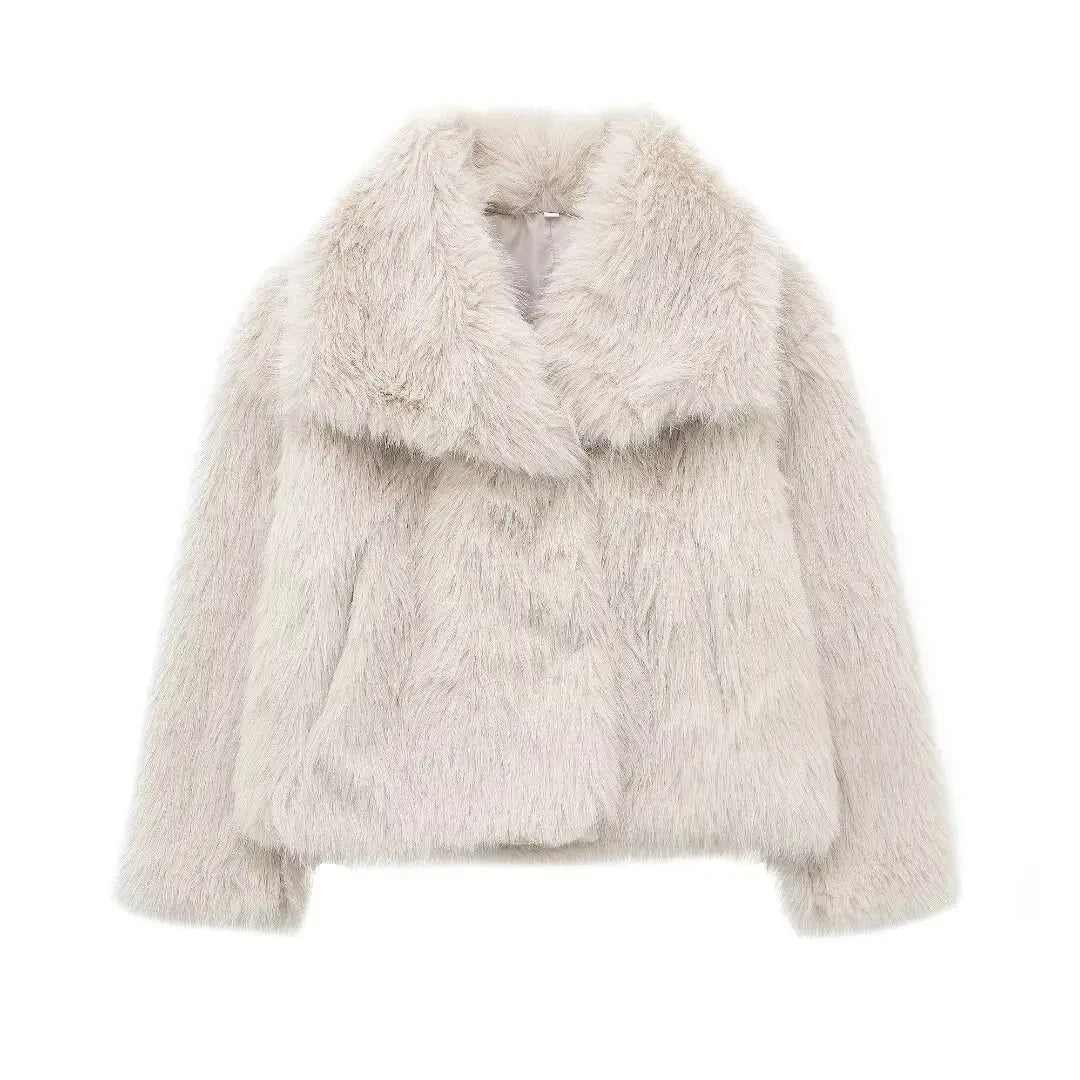 HH Winter Female Street Fashion Warm Coats Long Sleeves Hidden Buttons Lapel Plush Casual Artificial Fur Effect Retro Coat