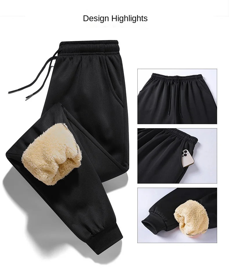 Pants for men in autumn and winter, thickened with fleece for outerwear, casual pants, warm lamb wool sports sweatpants