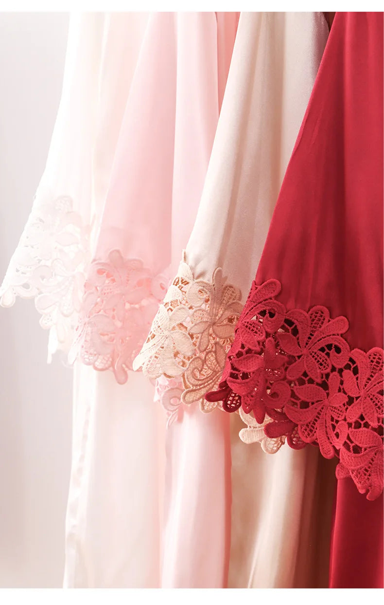 Sexy Bride Wedding Robe Home Dress Elegant Lace Embroidery Bride Negligee Kimono Gown Loose Silk Satin Sleepwear Nightgown
