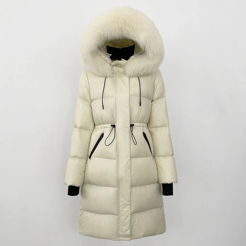 2024 Winter New  Casual Fashion Slim Warm Jacket Female White Duck Down Real Fox Fur Real Raccoon Fur Long Hooded Coat Women
