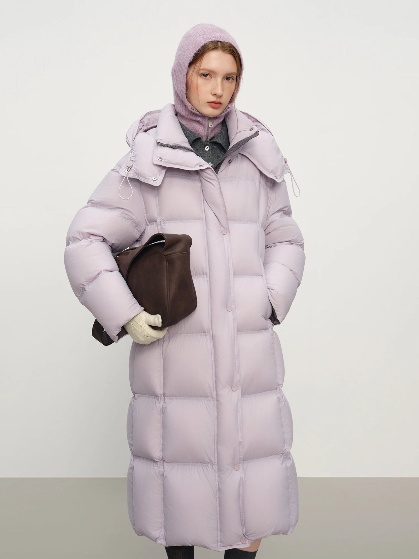 FSLE 2025 Winter New Women's Long Puffer Down Coat with Hood Two-Tone Color Block Thermal Insulated Jacket Heavy Warm Outerwear