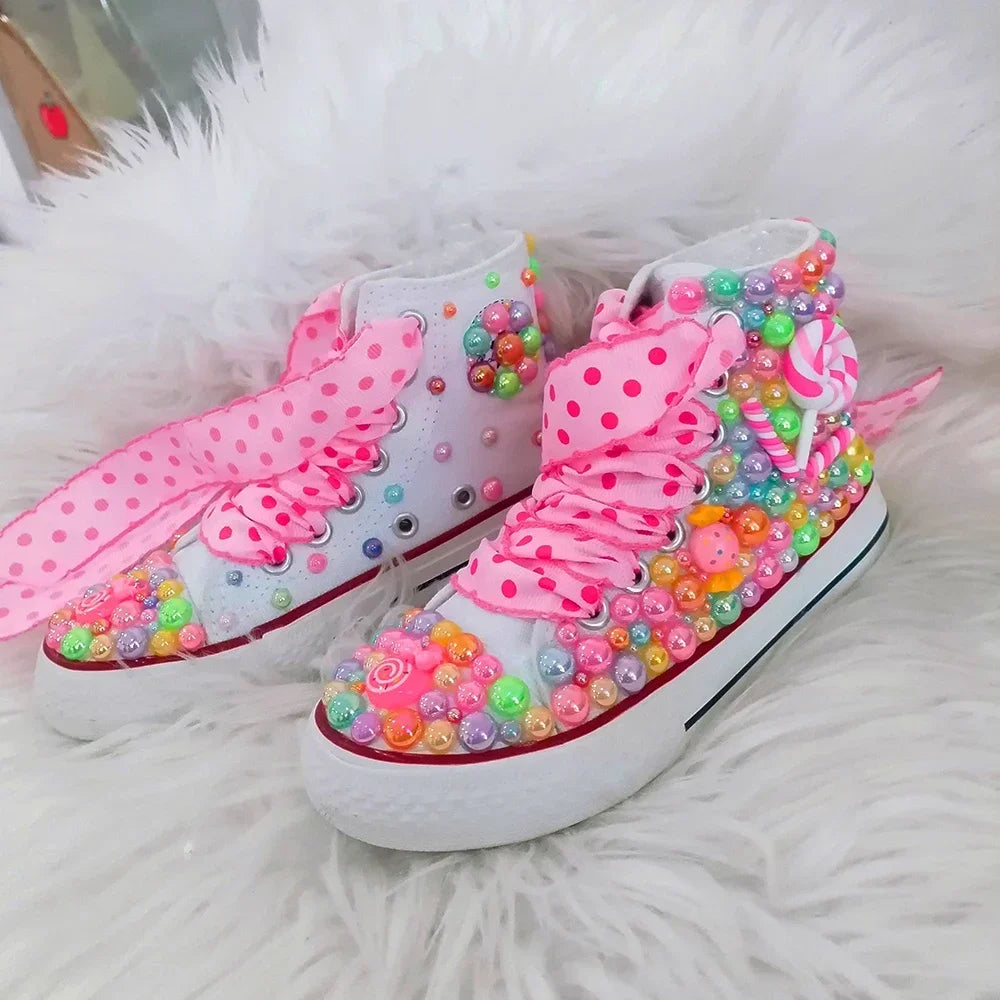 Handmade Rhinestones Bling Girls Womens Kids And Mother Candy Canvas Shoes Pearls Sneakers For Girl Birthday Party Wedding