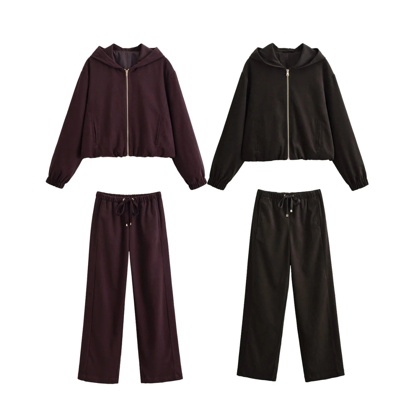 Women's Sports Pants Set Fashion Autumn Winter Female Hooded Bomber Jacket Coat + Lady Casual Chic Wide Leg Pants