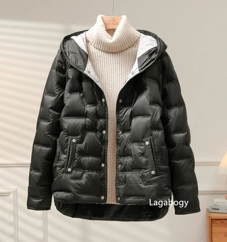 Lagabogy 2025 Autumn Winter Women White Duck Down Coat Casual Single Breasted Hooded Jacket Female Light Puffer Parka Outwear