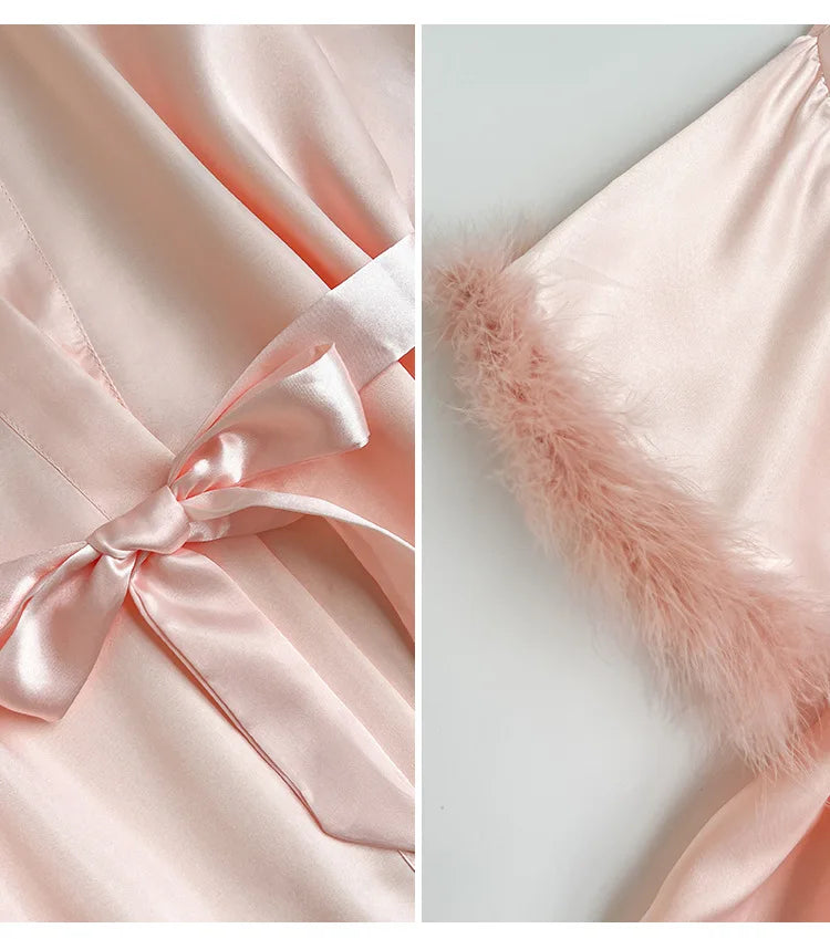 Wedding Bride Robe Morning Gown Elegant Feather Female Kimono Bathrobe Gown Sexy Rayon Summer New Sleepwear Nightwear Lingerie