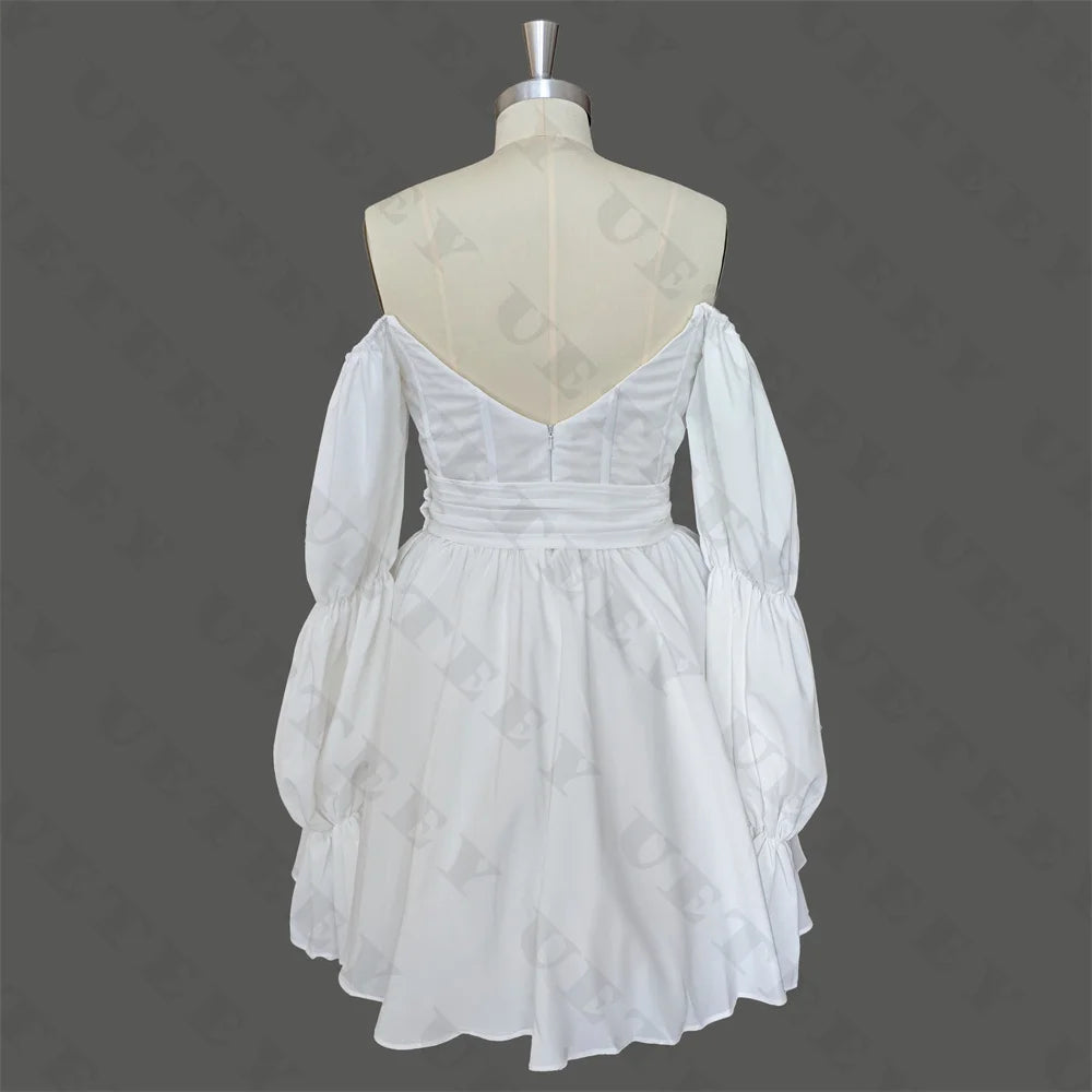 UETEEY Customized V Neck Off Shoulder Puff Sleeves Crepe A Line Mini Wedding Dress Pleats Zipper Back Above Knee Bridal Gown