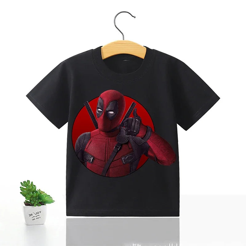 Deadpool & Wolverine Black T-shirt  Summer Pop Clothing Cartoon Round Neck Loose Marvels Movie Character Children Birthday Gift