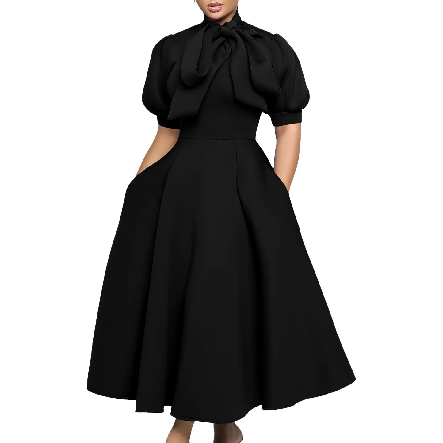 Elegant Party Dresses for Woman 2024 Luxury Bow Collar Short Sleeve High Waisted A Line Pleated Ankle Length Birthday Party Robe