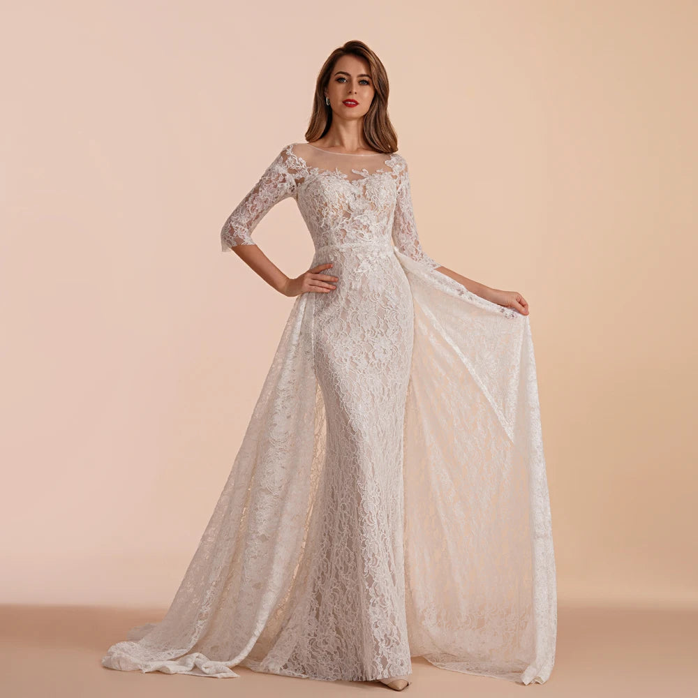 BEPEITHY Customized Scoop Long Sleeves Beading Bodice Wedding Dresses 2023 For Women Bride A Line Floor Length Bridal Party Gown