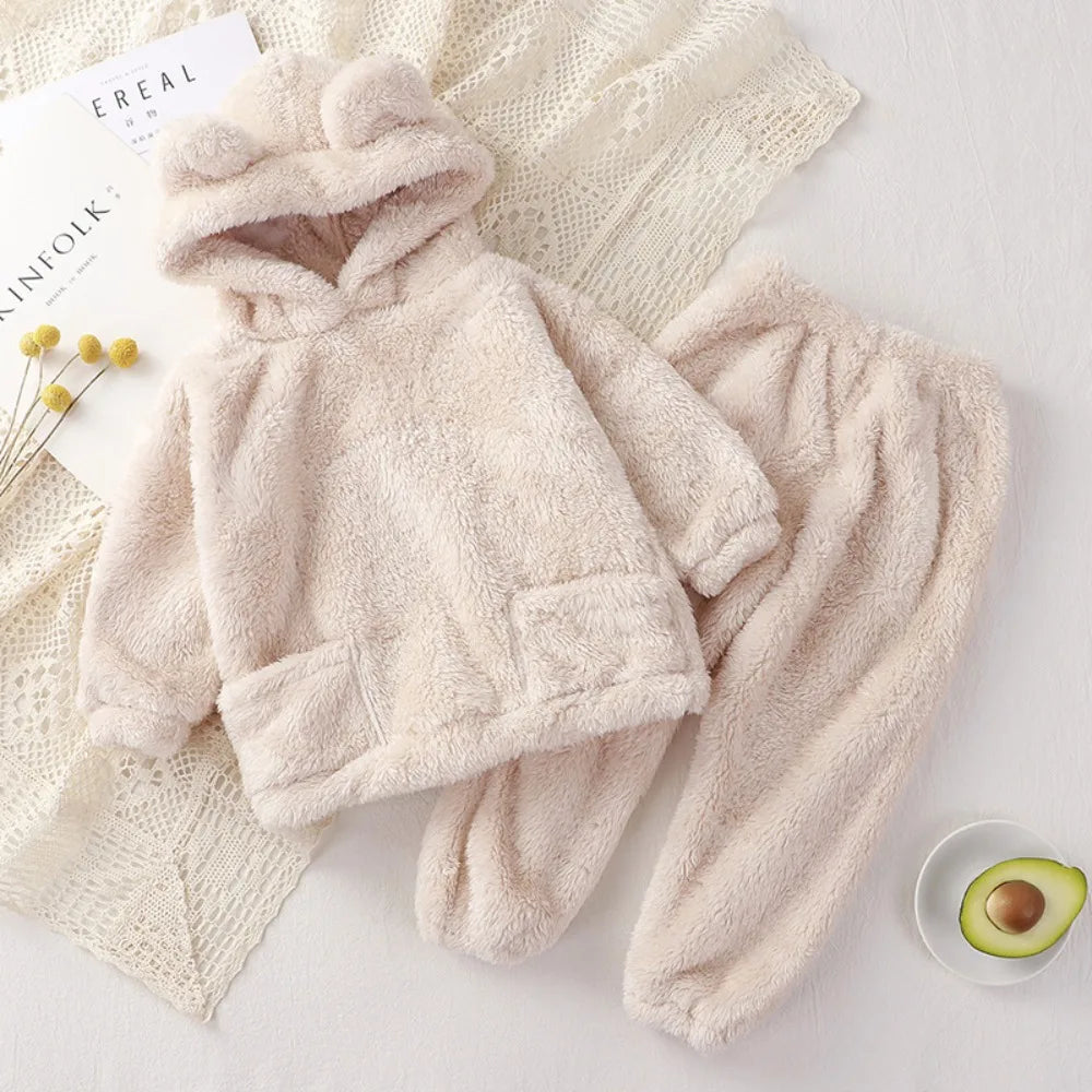 Girls Clothes New Autumn and Winter Teddy Bear Hooded Pocket Long Sleeved Pajamas+Pants Two-piece Home Warm Children's Clothing