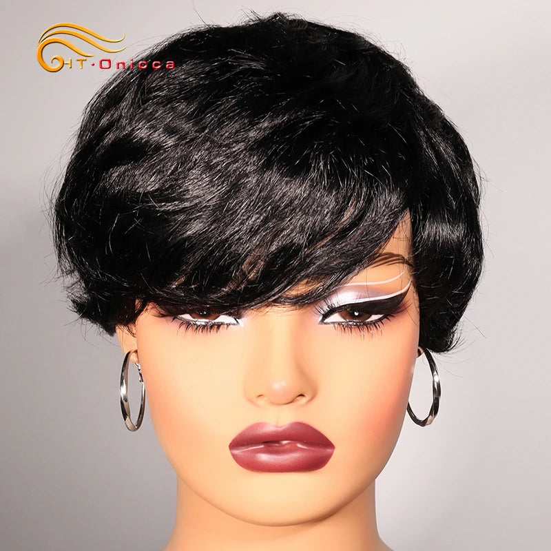 Grey Human Hair Wigs Short Pixie Cut Wig Human Hair For Black Women Machine Made Wigs With Bangs Colored Short Bob Wigs